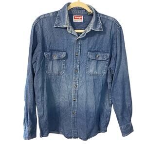 Mens Wrangler Light Blue Denim Shirt workwear ranch blue collar medium western